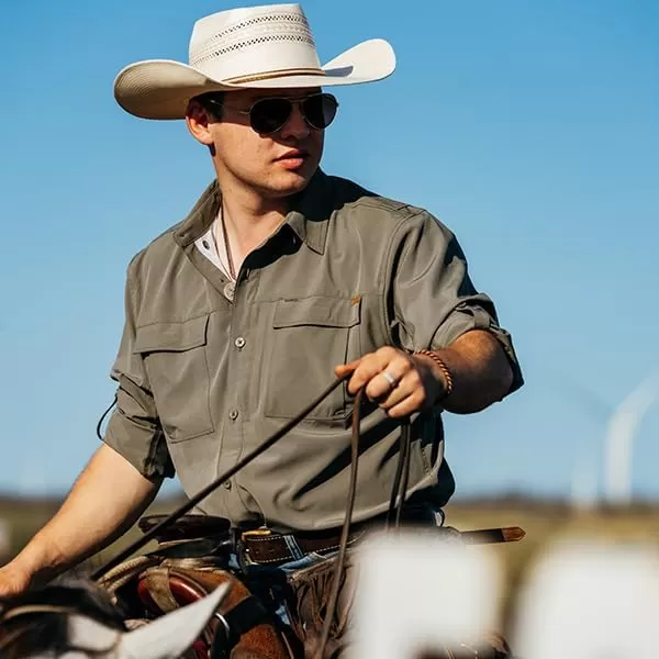 Men's Long Sleeve Hay Baler Button Down Shirt, Breathable Performance Work Shirt for Farmers and Ranchers with UPF30