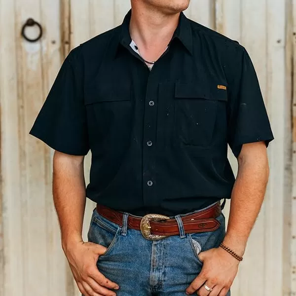 Men's Short Sleeve Hay Baler Button Down Shirt, Breathable Performance Work Shirt for Farmers and Ranchers with UPF30