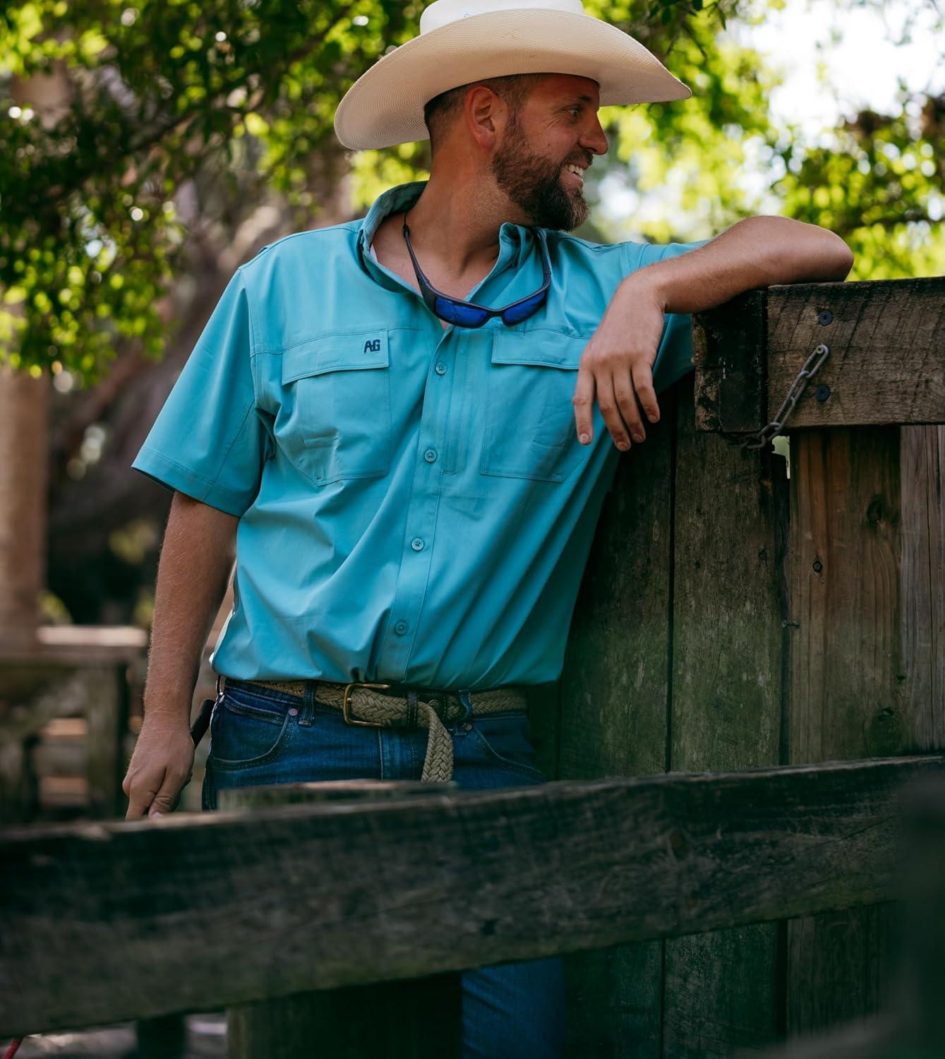 imageMens Short Sleeve Hay Baler Button Down Shirt Breathable Performance Work Shirt for Farmers and Ranchers with UPF30Faded Denim