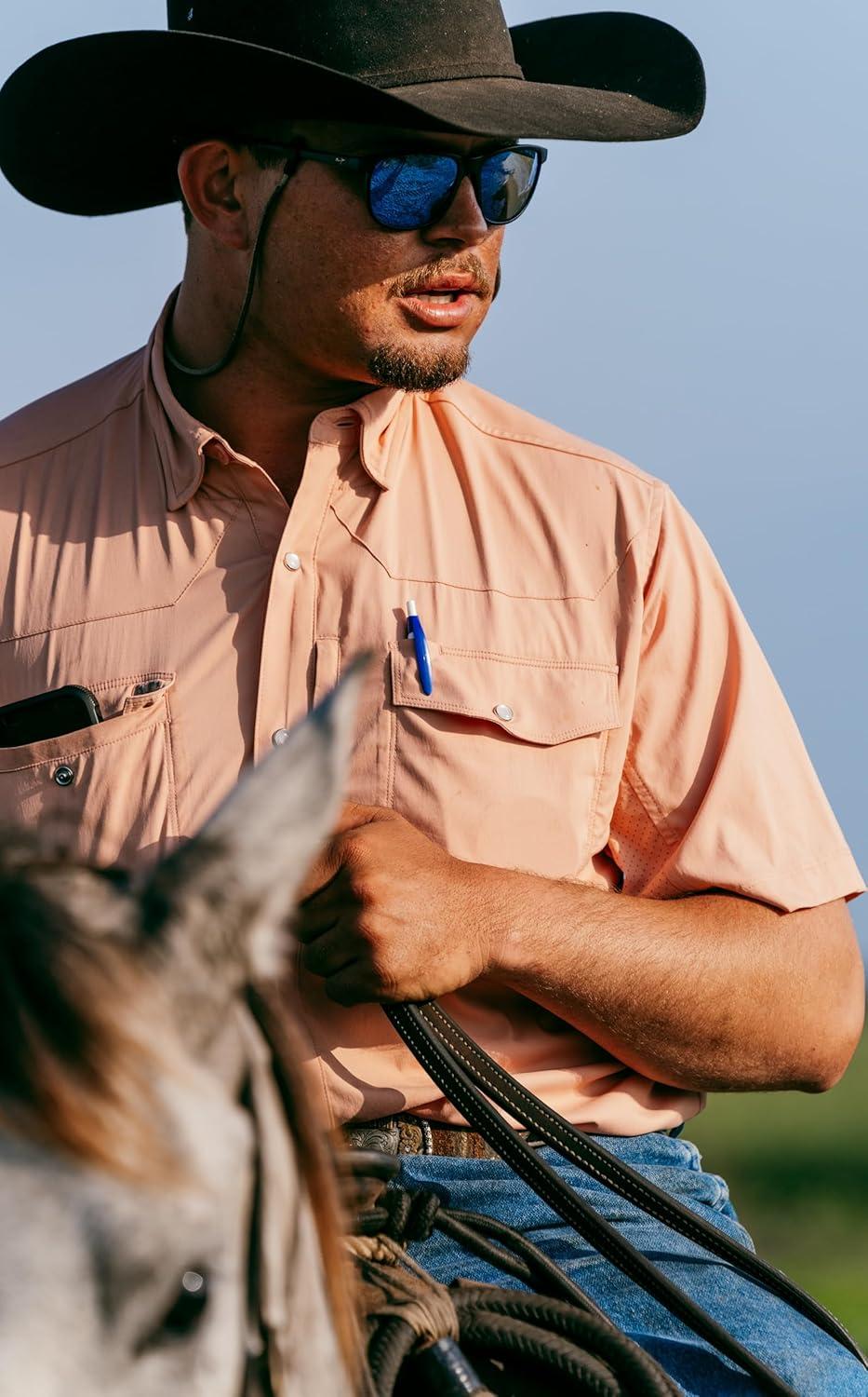 imageMens Short Sleeve Hay Baler Button Down Shirt Breathable Performance Work Shirt for Farmers and Ranchers with UPF30Faded Denim