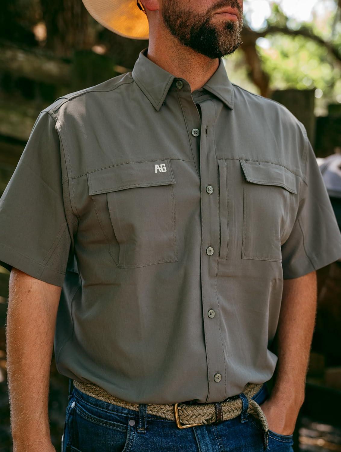 imageMens Short Sleeve Hay Baler Button Down Shirt Breathable Performance Work Shirt for Farmers and Ranchers with UPF30Faded Denim