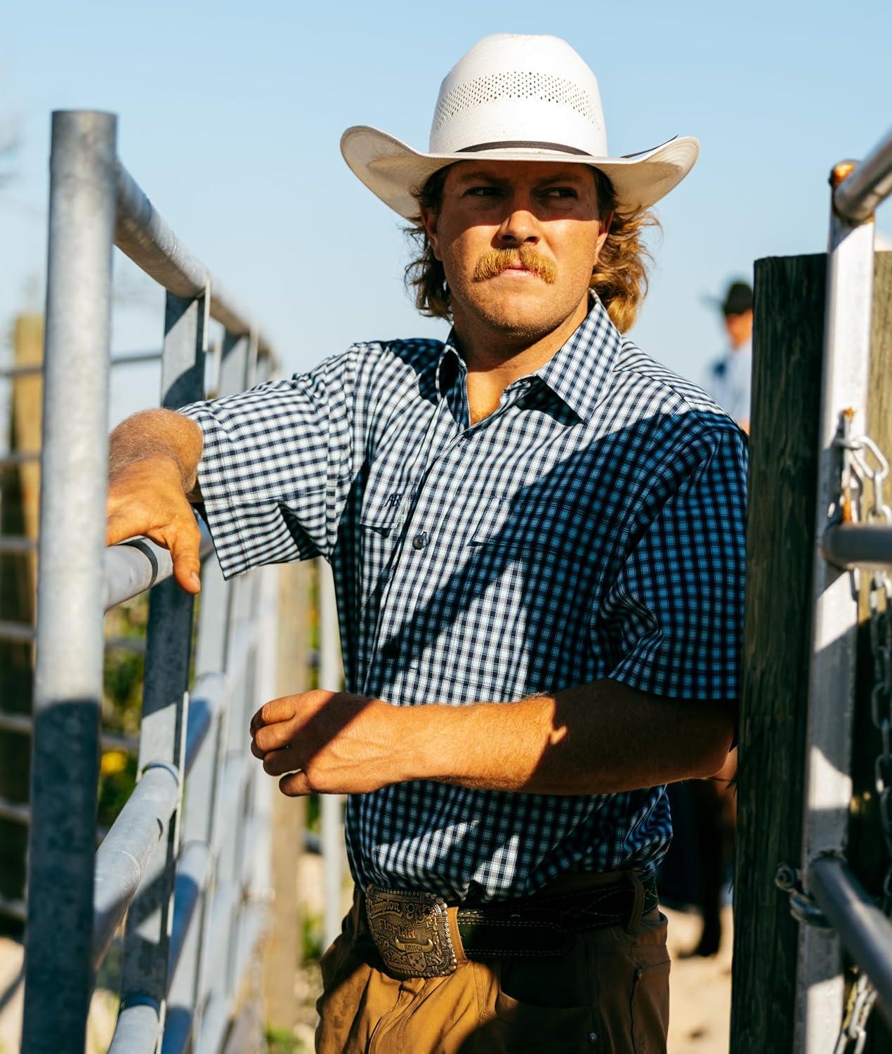 imageMens Short Sleeve Hay Baler Button Down Shirt Breathable Performance Work Shirt for Farmers and Ranchers with UPF30Ivory Box Plaid