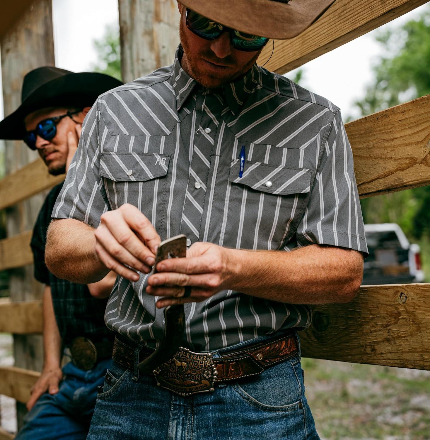 imageMens Short Sleeve Stockyard Button Down Shirt Breathable Performance Work Shirt for Farmers and Ranchers with UPF30America Plaid Navy