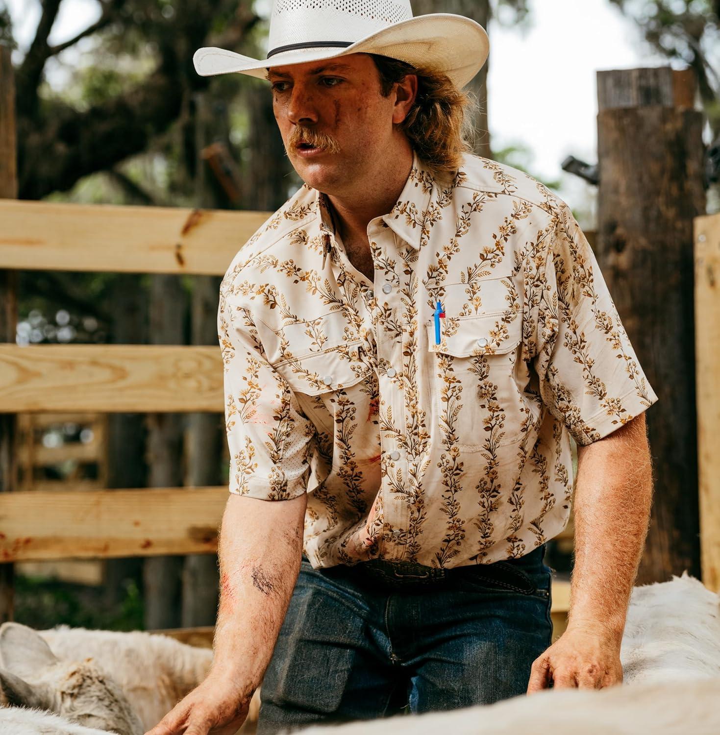 imageMens Short Sleeve Stockyard Button Down Shirt Breathable Performance Work Shirt for Farmers and Ranchers with UPF30America Plaid Navy