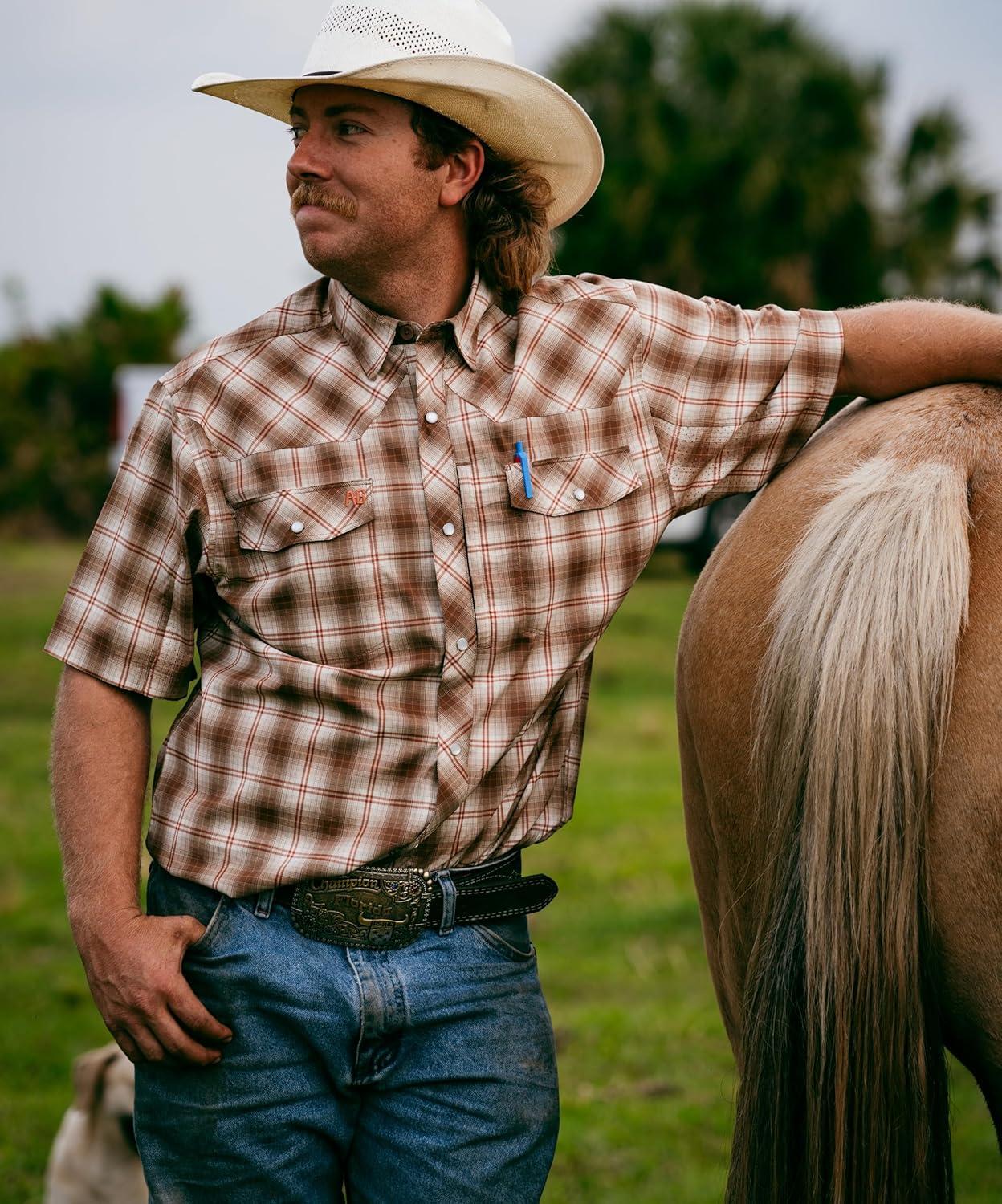 imageMens Short Sleeve Stockyard Button Down Shirt Breathable Performance Work Shirt for Farmers and Ranchers with UPF30America Plaid Navy