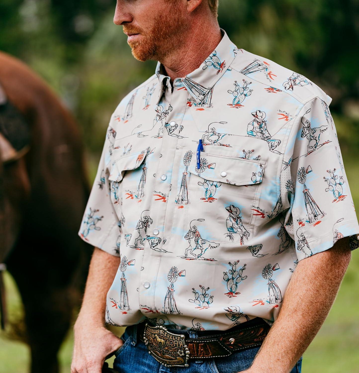 imageMens Short Sleeve Stockyard Button Down Shirt Breathable Performance Work Shirt for Farmers and Ranchers with UPF30Mirror Stripe Brick
