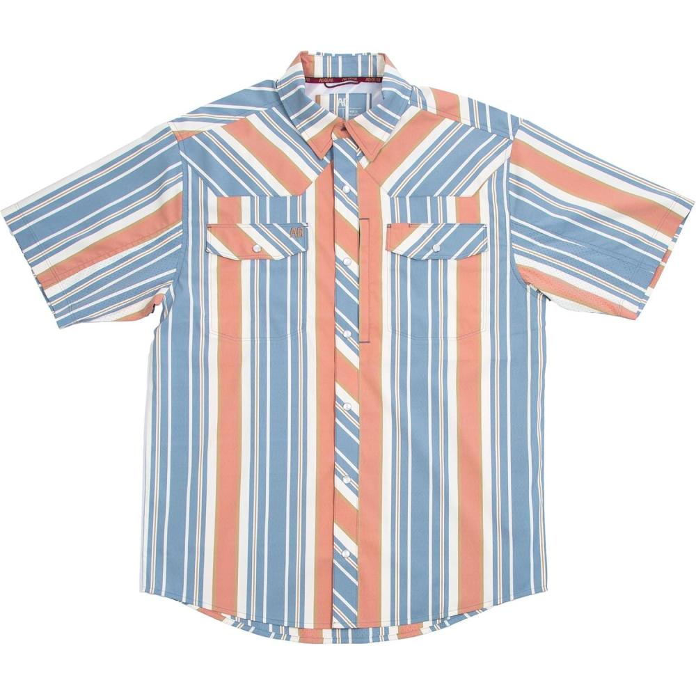imageMens Short Sleeve Stockyard Button Down Shirt Breathable Performance Work Shirt for Farmers and Ranchers with UPF30Mirror Stripe Brick