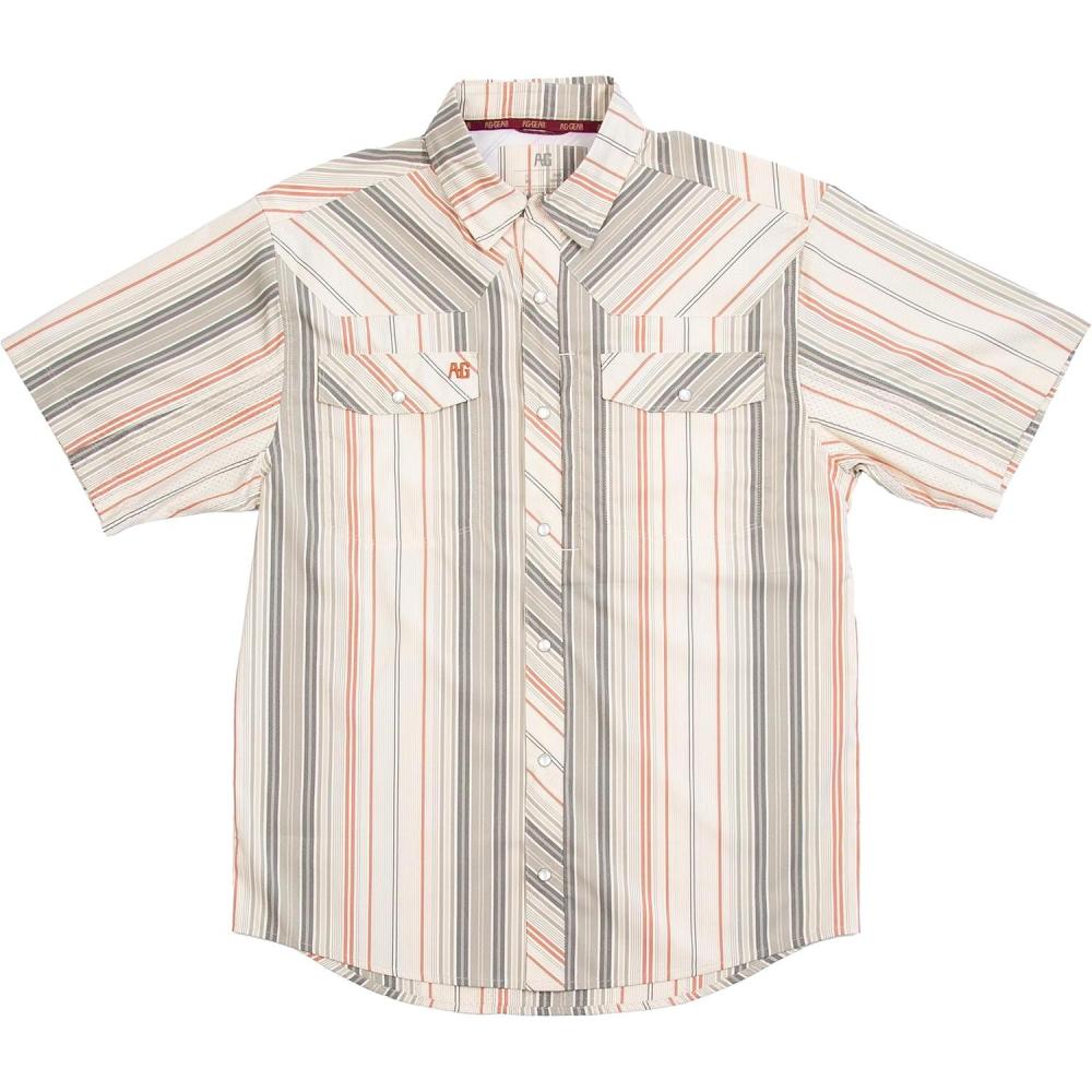 imageMens Short Sleeve Stockyard Button Down Shirt Breathable Performance Work Shirt for Farmers and Ranchers with UPF30Ombre Stripe Brick
