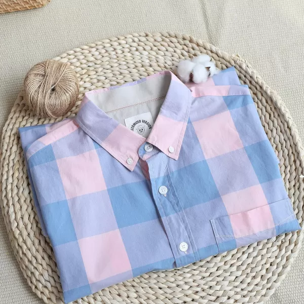 Dubinik® Mens Short Sleeve Button Down Shirts 100% Cotton Plaid Men's Casual Button-Down Shirts with Pocket