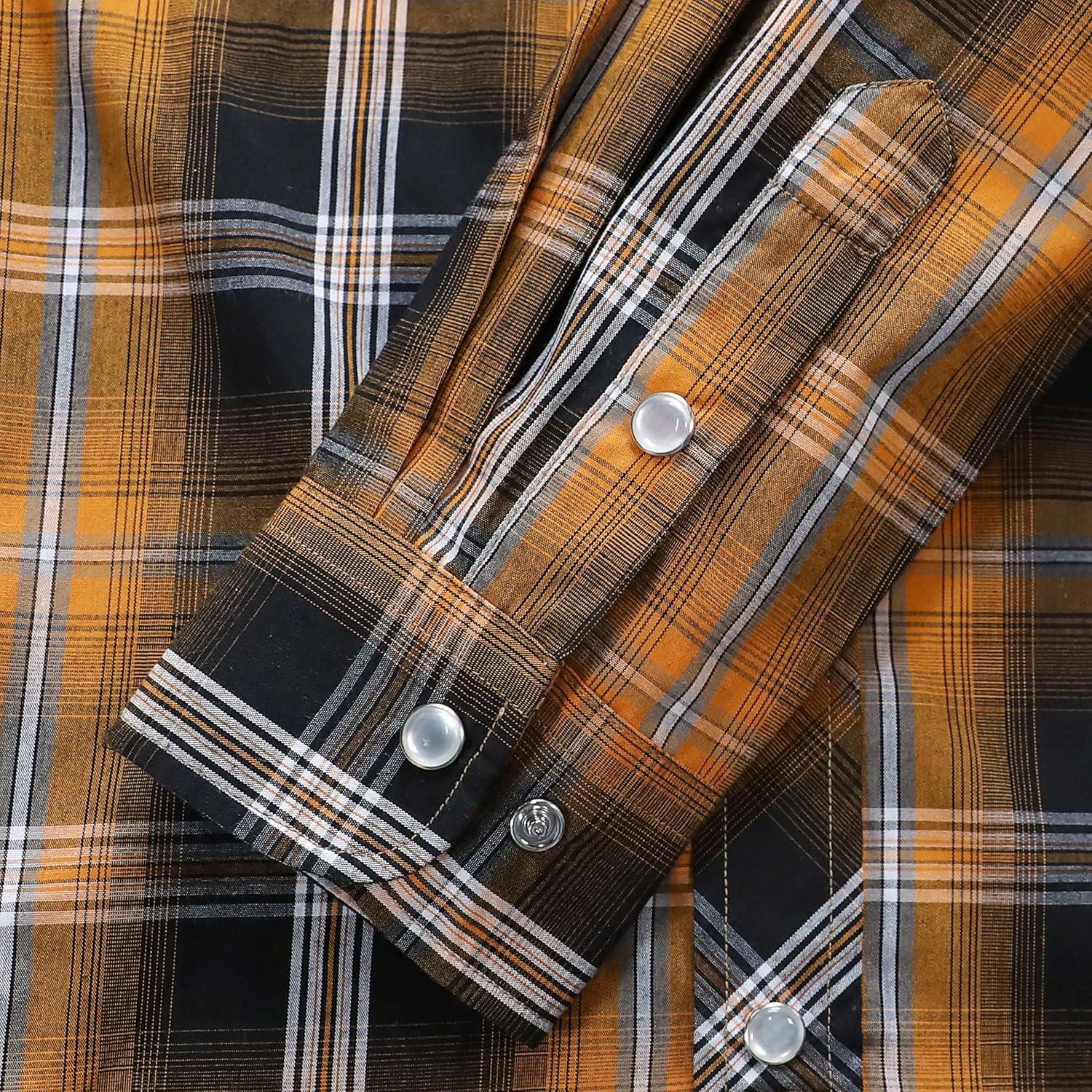 imageDubinik Pearl Snap Shirts for Men Long Sleeve Western Shirts for Men Vintage Casual Plaid Shirt Cowboy Shirts for MenBlack Burnt Orange