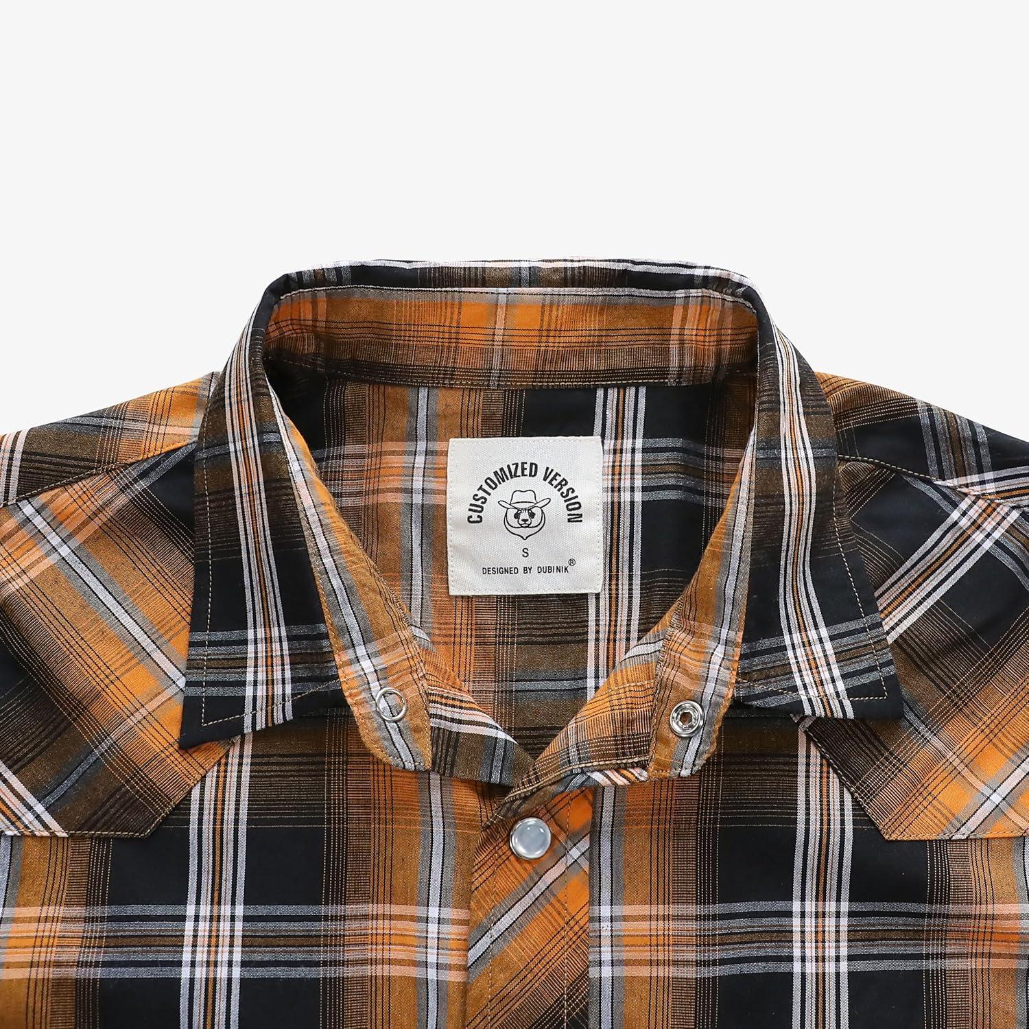 imageDubinik Pearl Snap Shirts for Men Long Sleeve Western Shirts for Men Vintage Casual Plaid Shirt Cowboy Shirts for MenBlack Burnt Orange