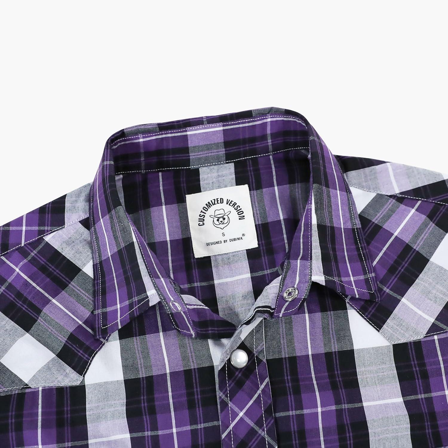 imageDubinik Pearl Snap Shirts for Men Long Sleeve Western Shirts for Men Vintage Casual Plaid Shirt Cowboy Shirts for MenBlack Purple