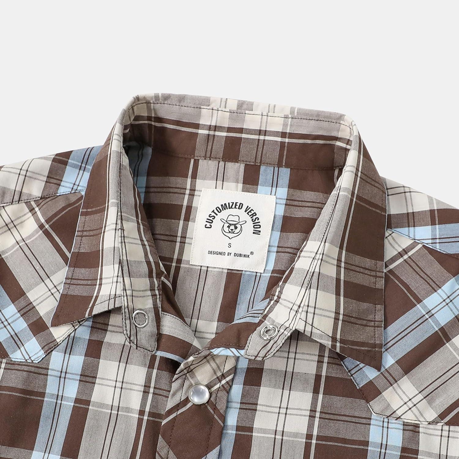 imageDubinik Pearl Snap Shirts for Men Long Sleeve Western Shirts for Men Vintage Casual Plaid Shirt Cowboy Shirts for MenBlue Brown