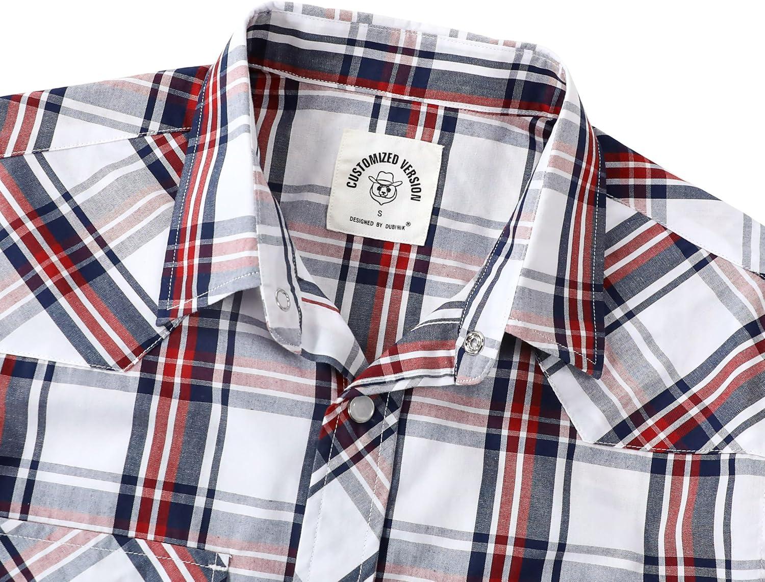 imageDubinik Pearl Snap Shirts for Men Long Sleeve Western Shirts for Men Vintage Casual Plaid Shirt Cowboy Shirts for MenBlue Red White