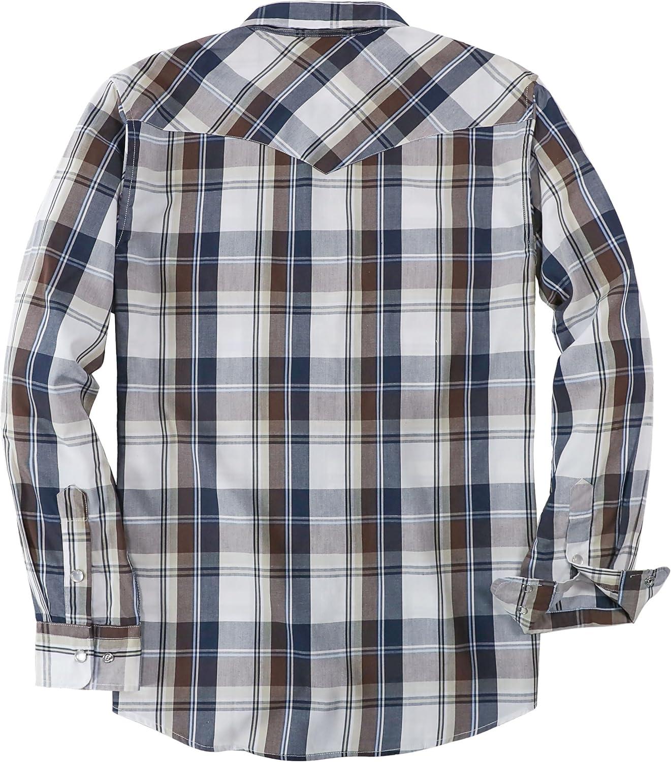 imageDubinik Pearl Snap Shirts for Men Long Sleeve Western Shirts for Men Vintage Casual Plaid Shirt Cowboy Shirts for MenBrown Navy Blue