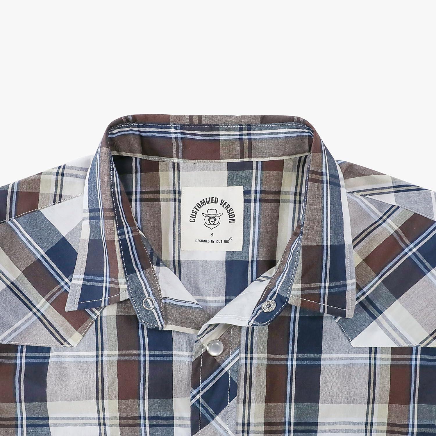 imageDubinik Pearl Snap Shirts for Men Long Sleeve Western Shirts for Men Vintage Casual Plaid Shirt Cowboy Shirts for MenBrown Navy Blue