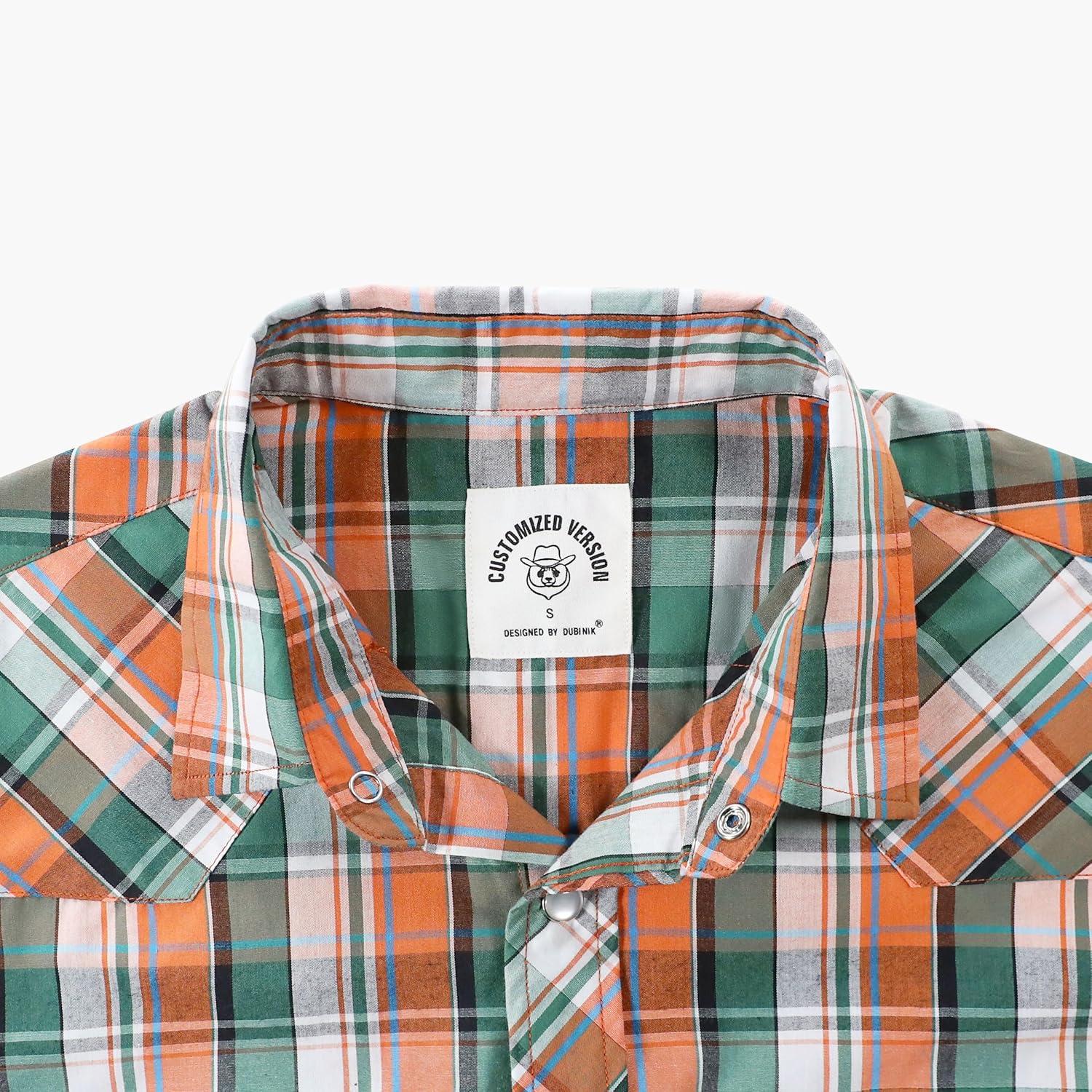 imageDubinik Pearl Snap Shirts for Men Long Sleeve Western Shirts for Men Vintage Casual Plaid Shirt Cowboy Shirts for MenGreen Orange