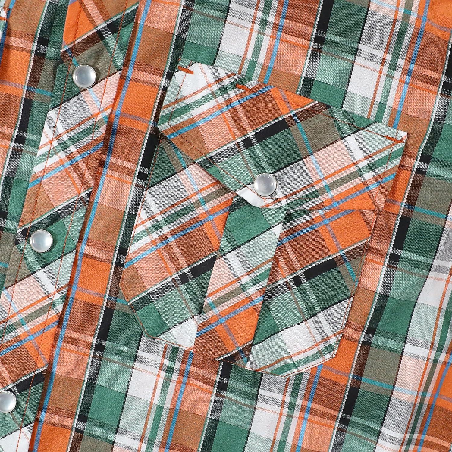imageDubinik Pearl Snap Shirts for Men Long Sleeve Western Shirts for Men Vintage Casual Plaid Shirt Cowboy Shirts for MenGreen Orange