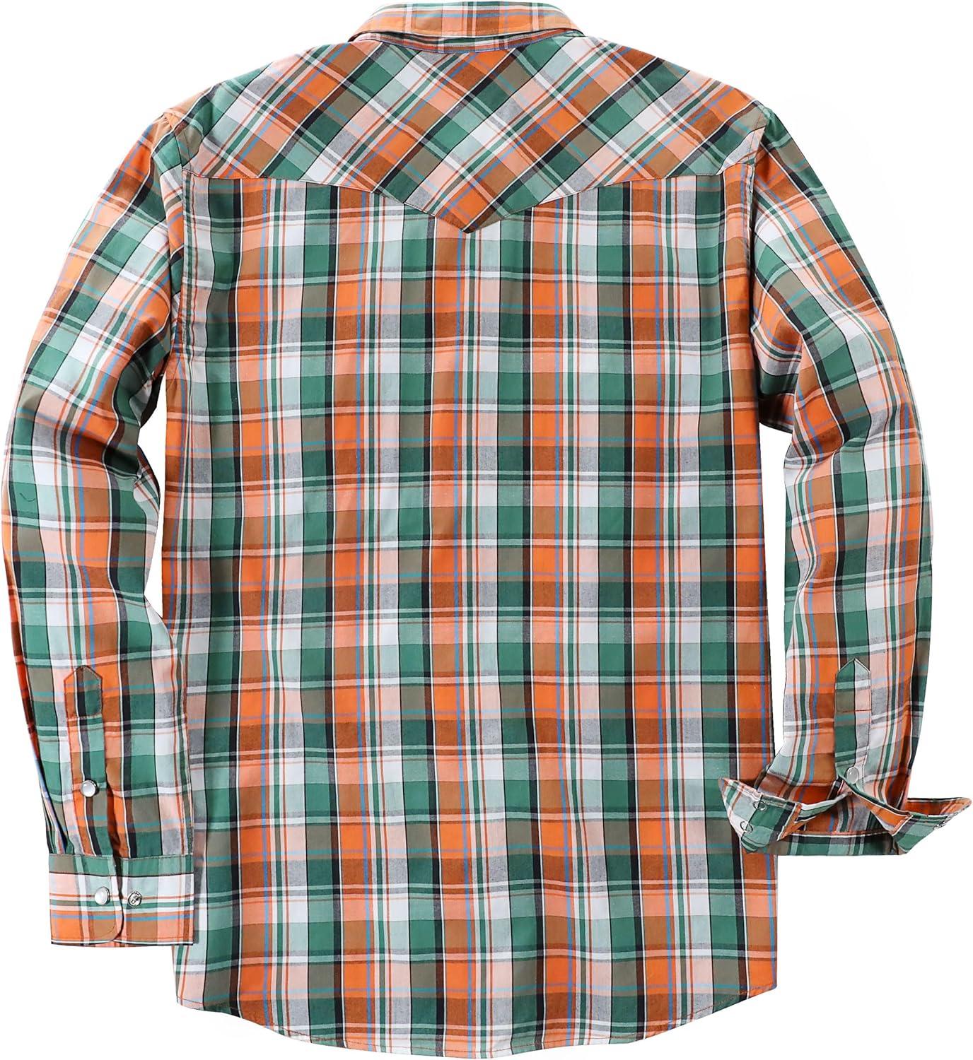 imageDubinik Pearl Snap Shirts for Men Long Sleeve Western Shirts for Men Vintage Casual Plaid Shirt Cowboy Shirts for MenGreen Orange