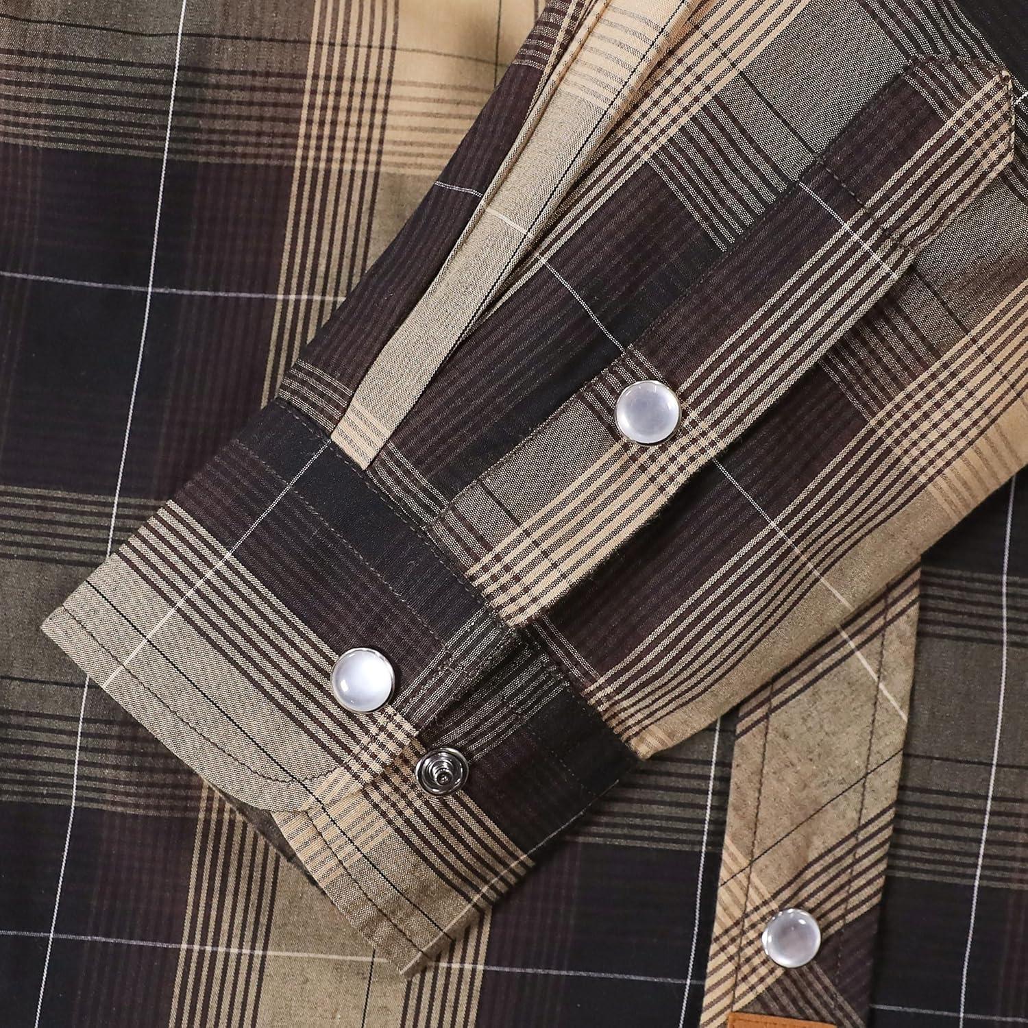 imageDubinik Pearl Snap Shirts for Men Long Sleeve Western Shirts for Men Vintage Casual Plaid Shirt Cowboy Shirts for MenKhaki Brown