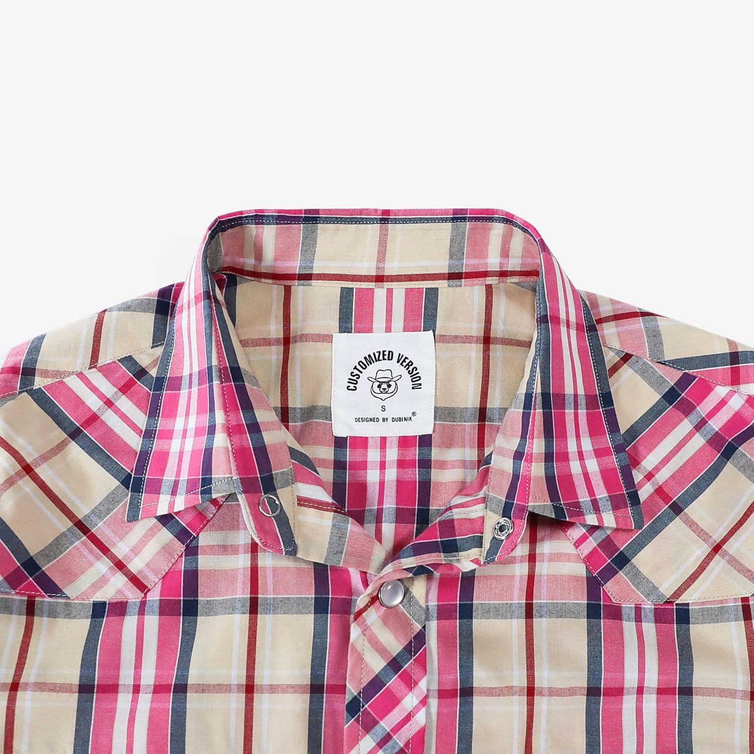 imageDubinik Pearl Snap Shirts for Men Long Sleeve Western Shirts for Men Vintage Casual Plaid Shirt Cowboy Shirts for MenKhaki Pink