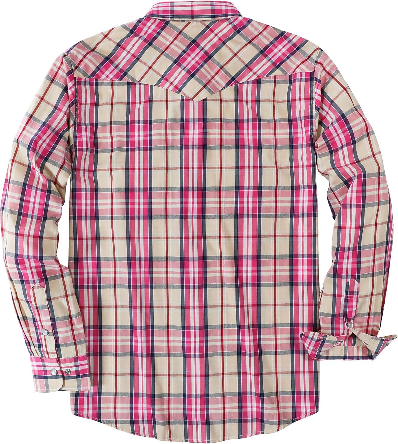 imageDubinik Pearl Snap Shirts for Men Long Sleeve Western Shirts for Men Vintage Casual Plaid Shirt Cowboy Shirts for MenKhaki Pink