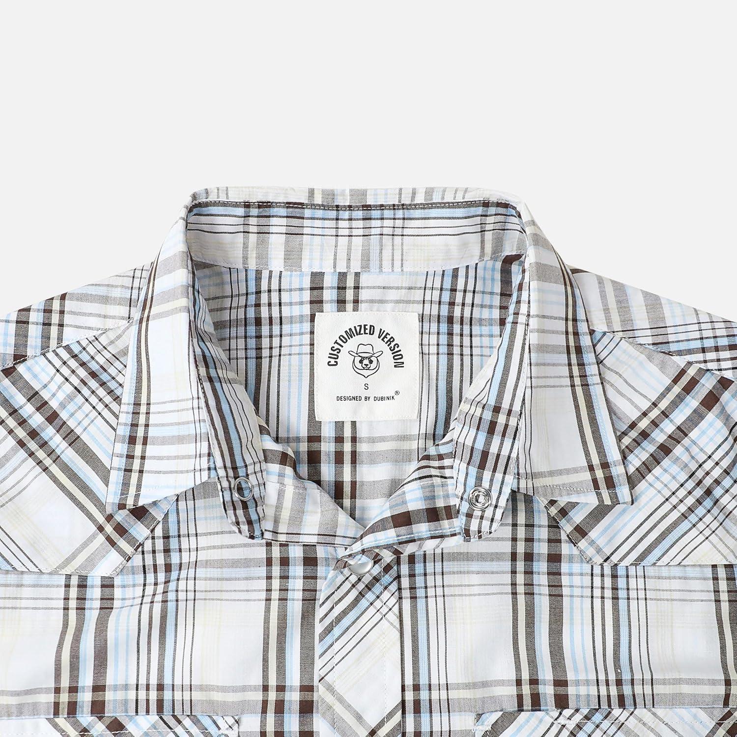 imageDubinik Pearl Snap Shirts for Men Long Sleeve Western Shirts for Men Vintage Casual Plaid Shirt Cowboy Shirts for MenLight Blue Cream