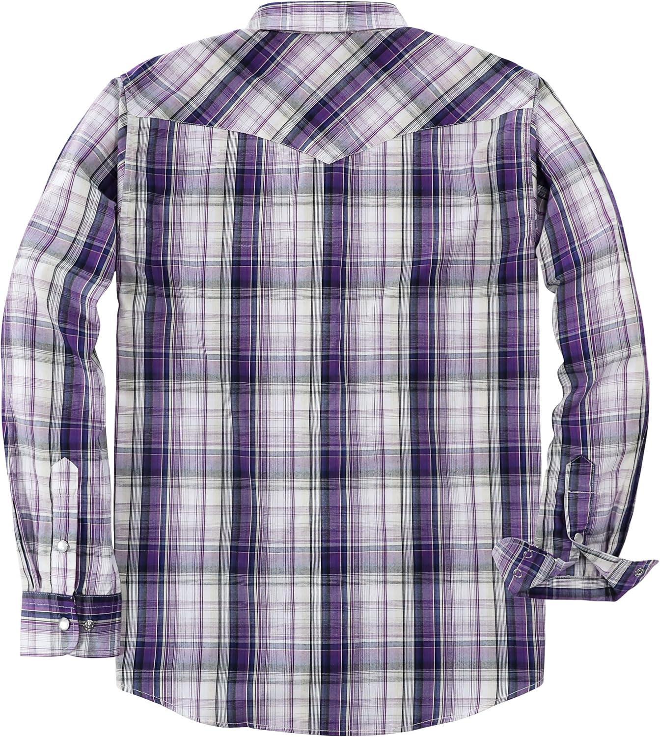imageDubinik Pearl Snap Shirts for Men Long Sleeve Western Shirts for Men Vintage Casual Plaid Shirt Cowboy Shirts for MenPurple Pretty
