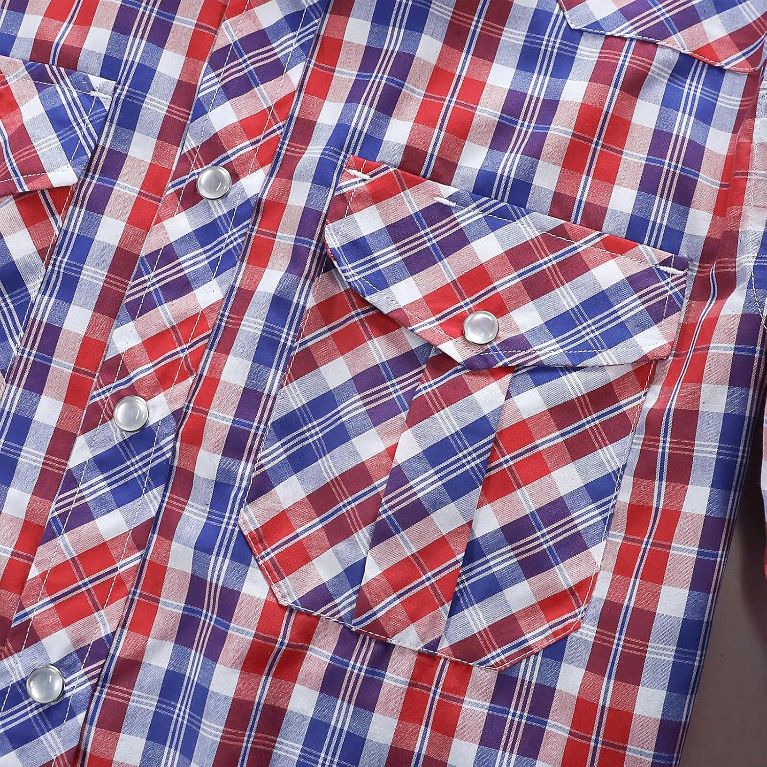 imageDubinik Pearl Snap Shirts for Men Long Sleeve Western Shirts for Men Vintage Casual Plaid Shirt Cowboy Shirts for MenRed Blue