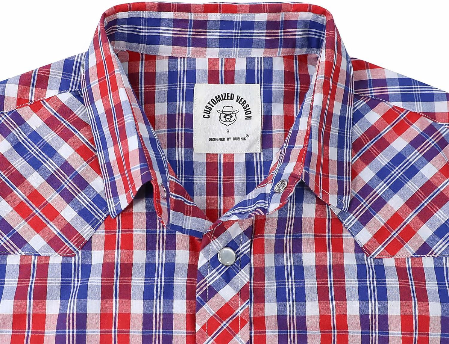 imageDubinik Pearl Snap Shirts for Men Long Sleeve Western Shirts for Men Vintage Casual Plaid Shirt Cowboy Shirts for MenRed Blue