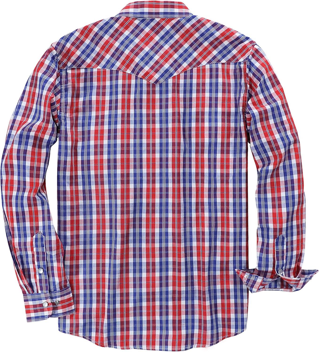 imageDubinik Pearl Snap Shirts for Men Long Sleeve Western Shirts for Men Vintage Casual Plaid Shirt Cowboy Shirts for MenRed Blue