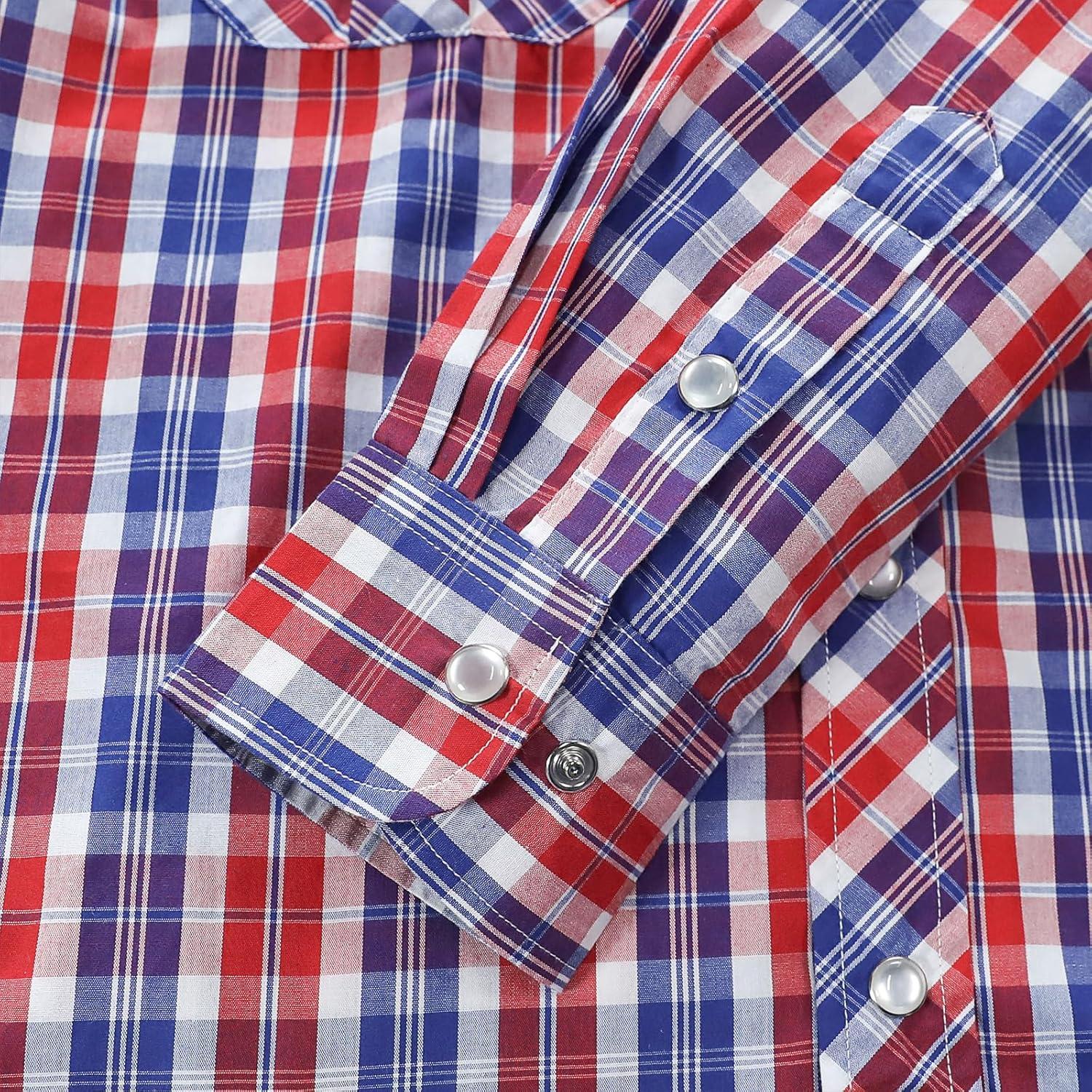 imageDubinik Pearl Snap Shirts for Men Long Sleeve Western Shirts for Men Vintage Casual Plaid Shirt Cowboy Shirts for MenRed Blue