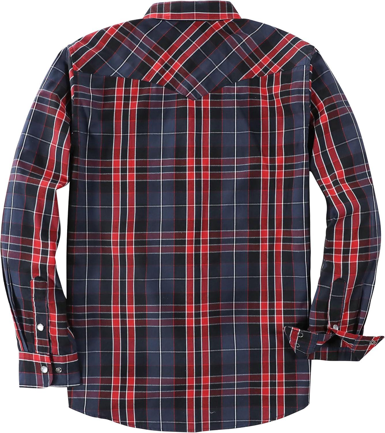 imageDubinik Pearl Snap Shirts for Men Long Sleeve Western Shirts for Men Vintage Casual Plaid Shirt Cowboy Shirts for MenRed Navy Blue