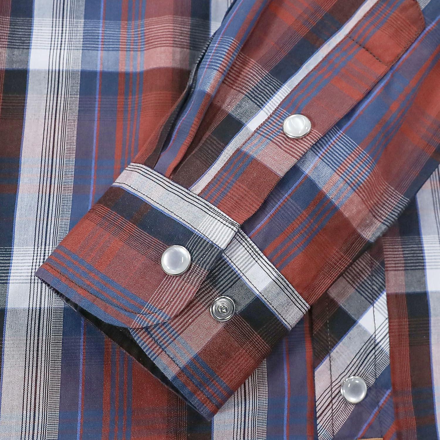 imageDubinik Pearl Snap Shirts for Men Long Sleeve Western Shirts for Men Vintage Casual Plaid Shirt Cowboy Shirts for MenRust Red Navy