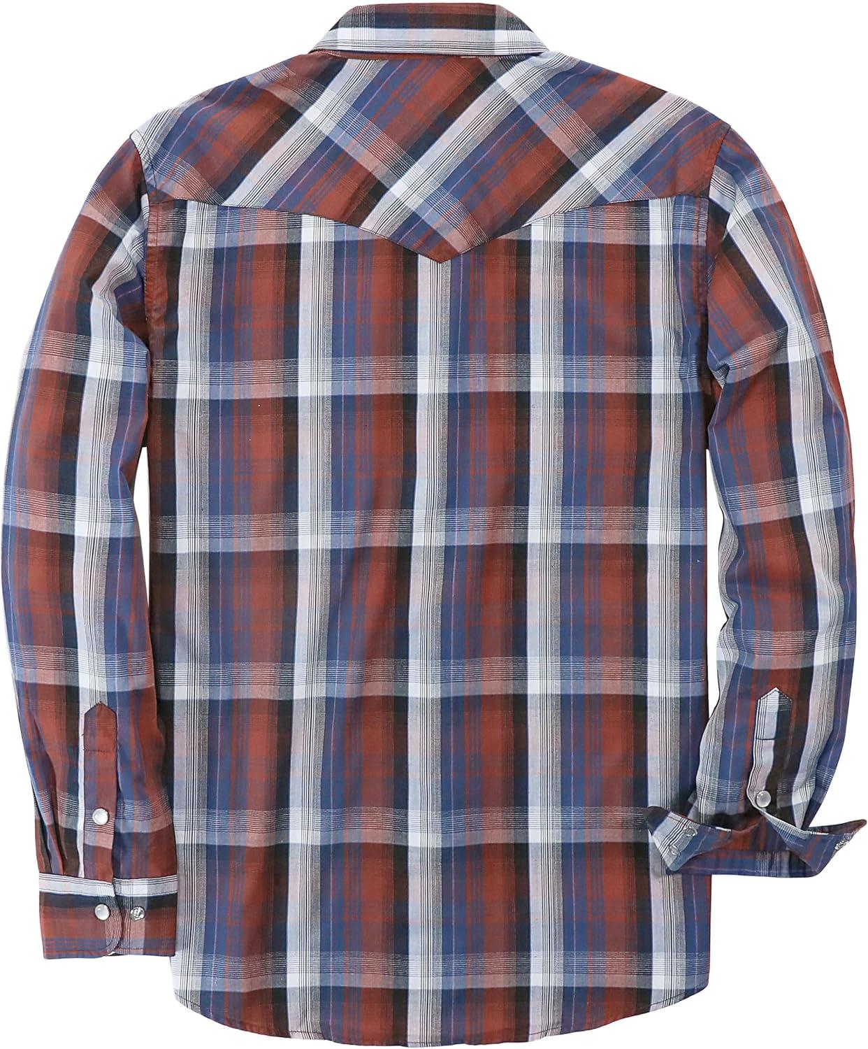 imageDubinik Pearl Snap Shirts for Men Long Sleeve Western Shirts for Men Vintage Casual Plaid Shirt Cowboy Shirts for MenRust Red Navy