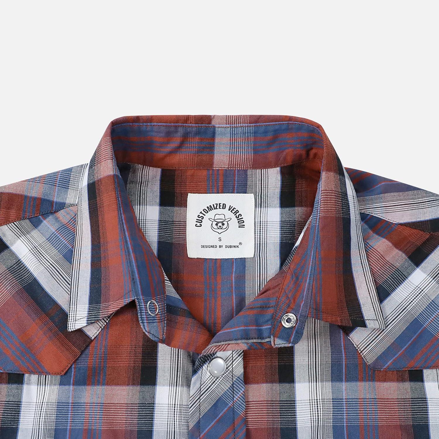 imageDubinik Pearl Snap Shirts for Men Long Sleeve Western Shirts for Men Vintage Casual Plaid Shirt Cowboy Shirts for MenRust Red Navy