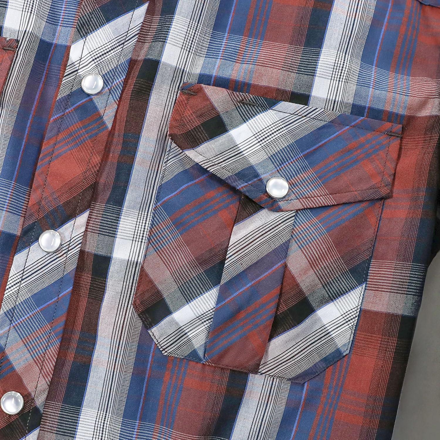 imageDubinik Pearl Snap Shirts for Men Long Sleeve Western Shirts for Men Vintage Casual Plaid Shirt Cowboy Shirts for MenRust Red Navy