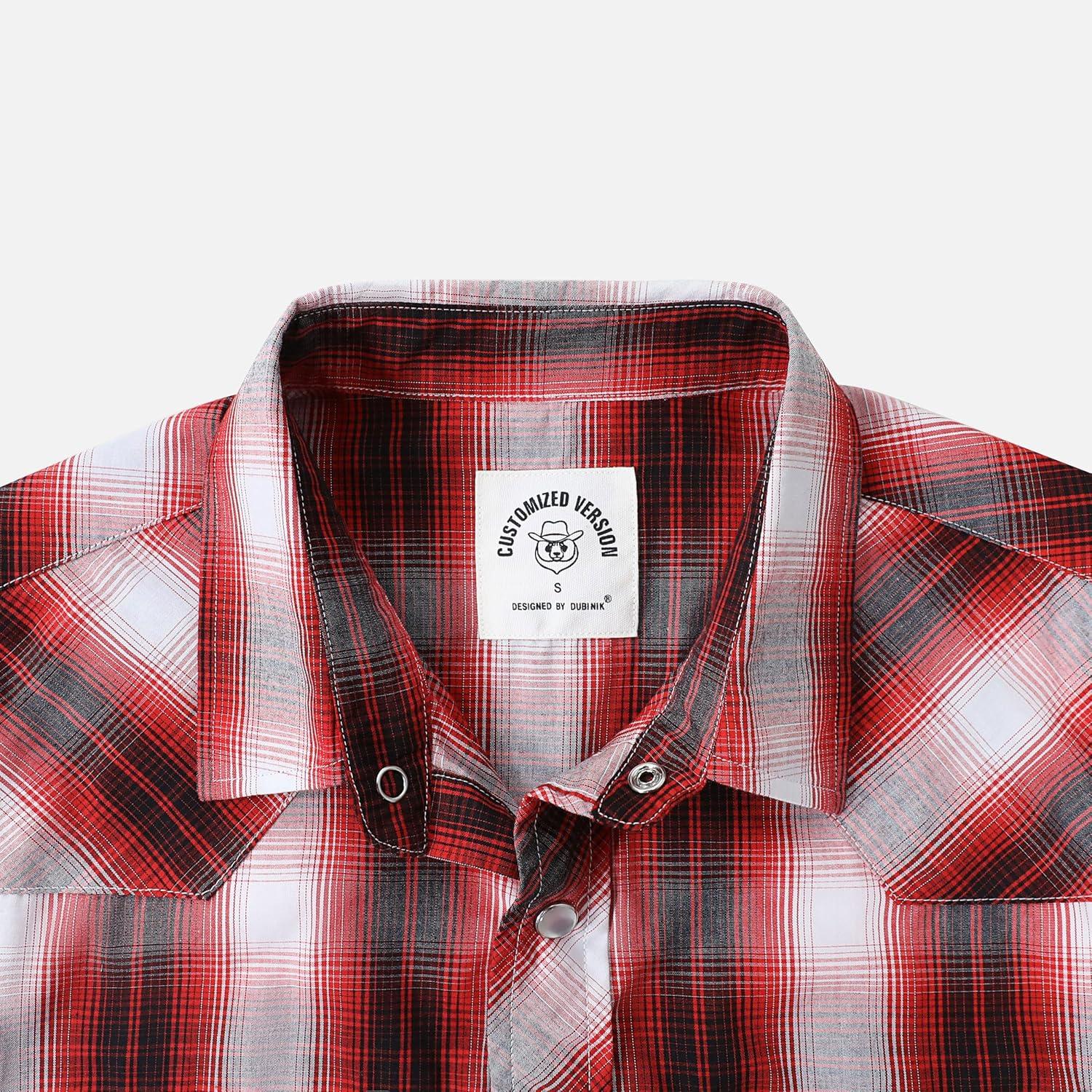 imageDubinik Pearl Snap Shirts for Men Long Sleeve Western Shirts for Men Vintage Casual Plaid Shirt Cowboy Shirts for MenWhite  Red