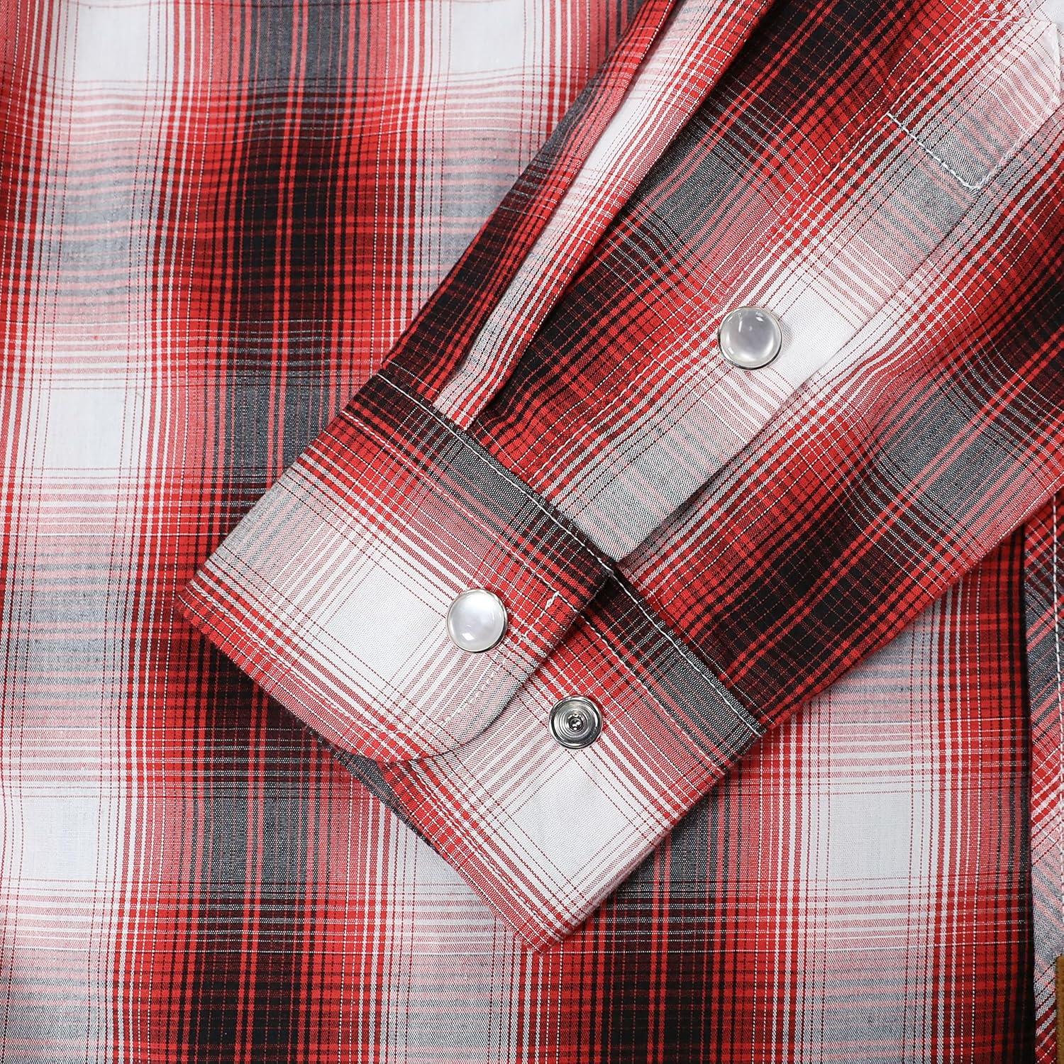 imageDubinik Pearl Snap Shirts for Men Long Sleeve Western Shirts for Men Vintage Casual Plaid Shirt Cowboy Shirts for MenWhite  Red