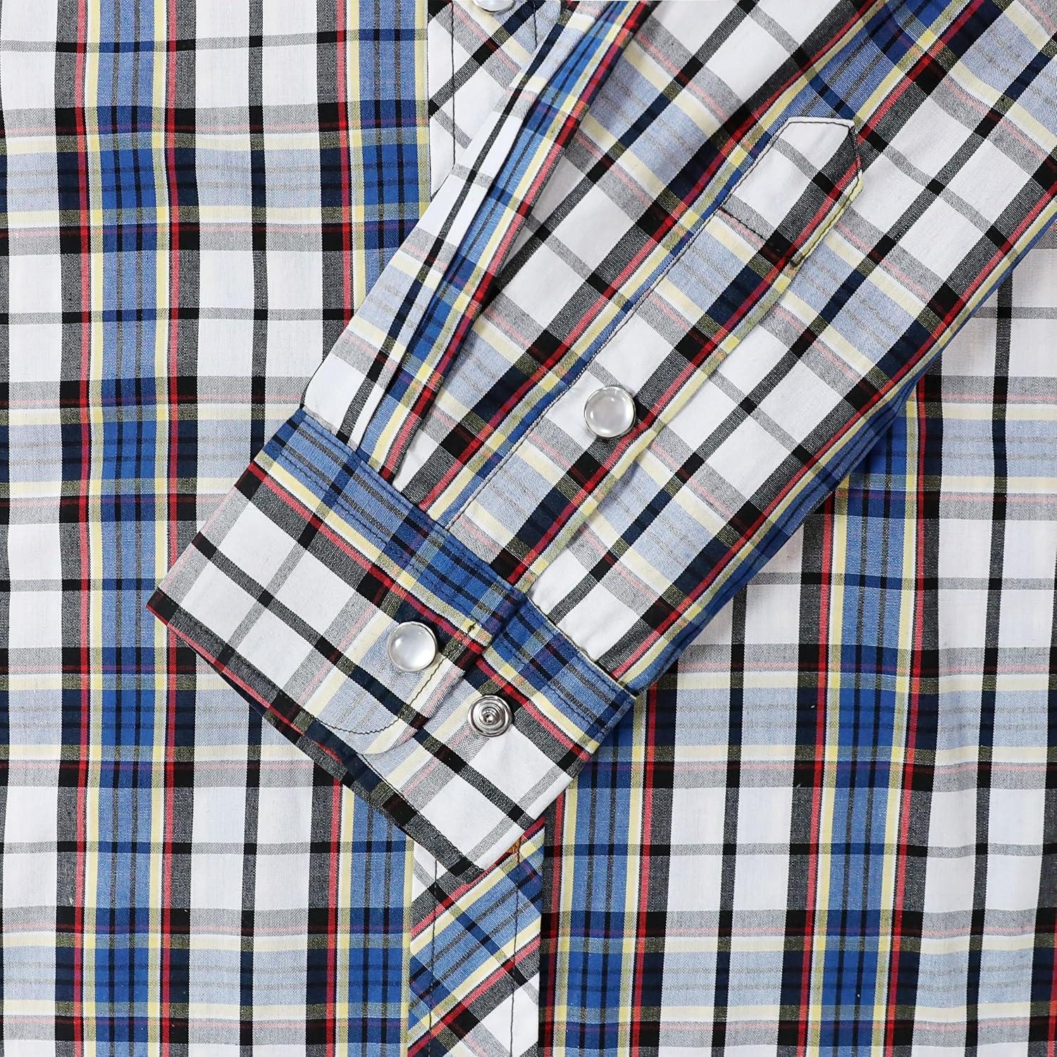 imageDubinik Pearl Snap Shirts for Men Long Sleeve Western Shirts for Men Vintage Casual Plaid Shirt Cowboy Shirts for MenWhite Blue Yellow