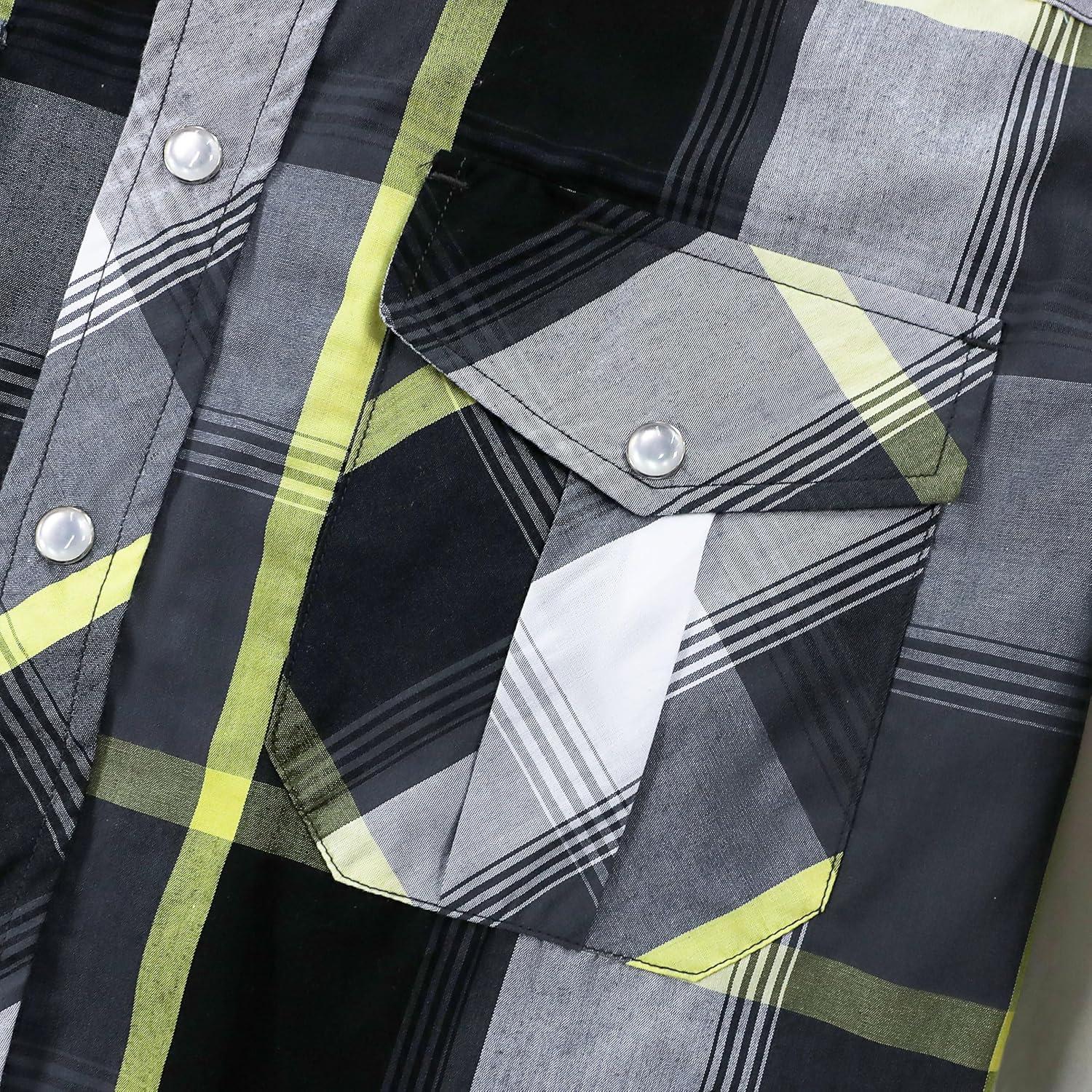 imageDubinik Pearl Snap Shirts for Men Long Sleeve Western Shirts for Men Vintage Casual Plaid Shirt Cowboy Shirts for MenYellow Black