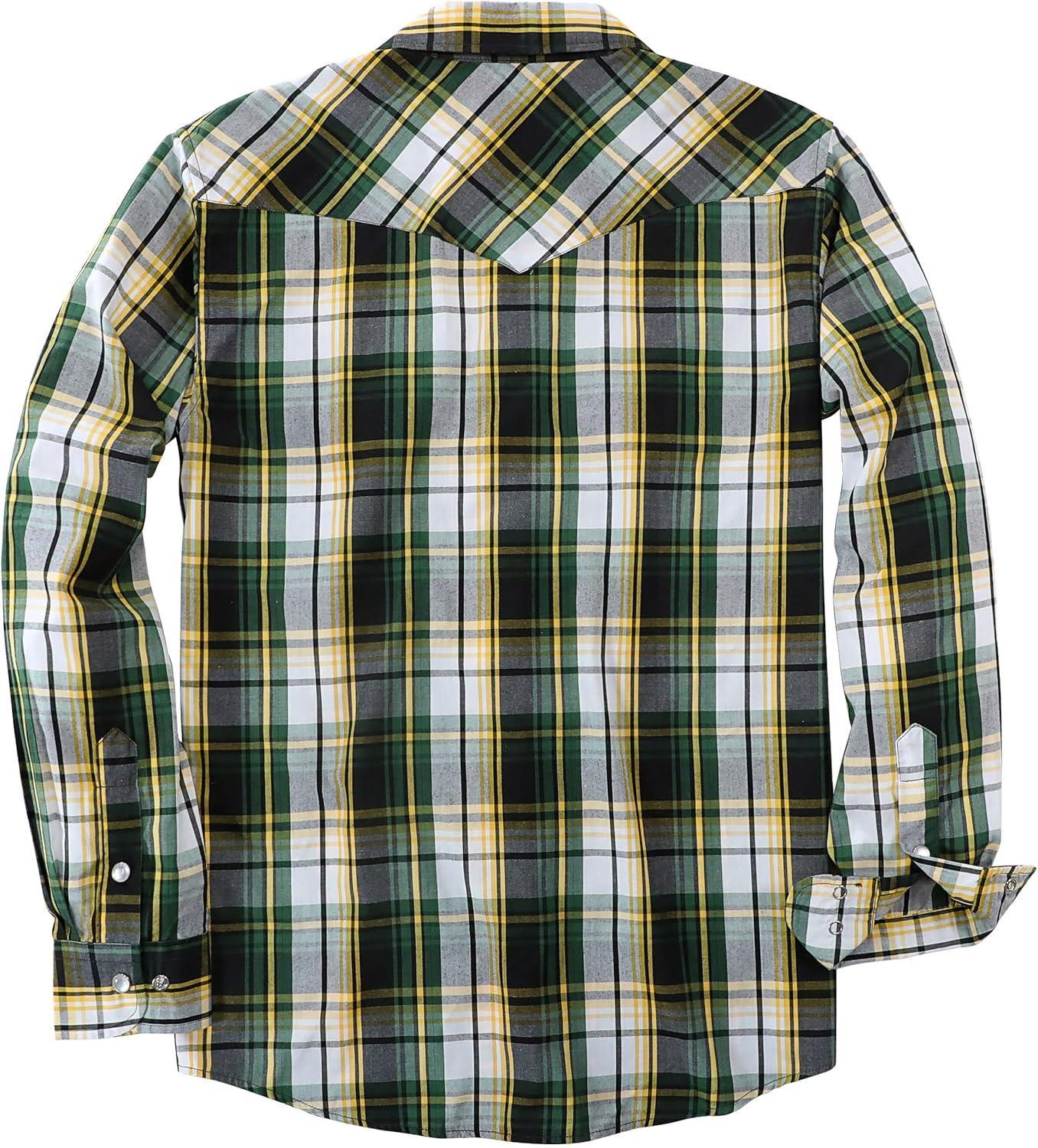 imageDubinik Pearl Snap Shirts for Men Long Sleeve Western Shirts for Men Vintage Casual Plaid Shirt Cowboy Shirts for MenYellow Dark Green