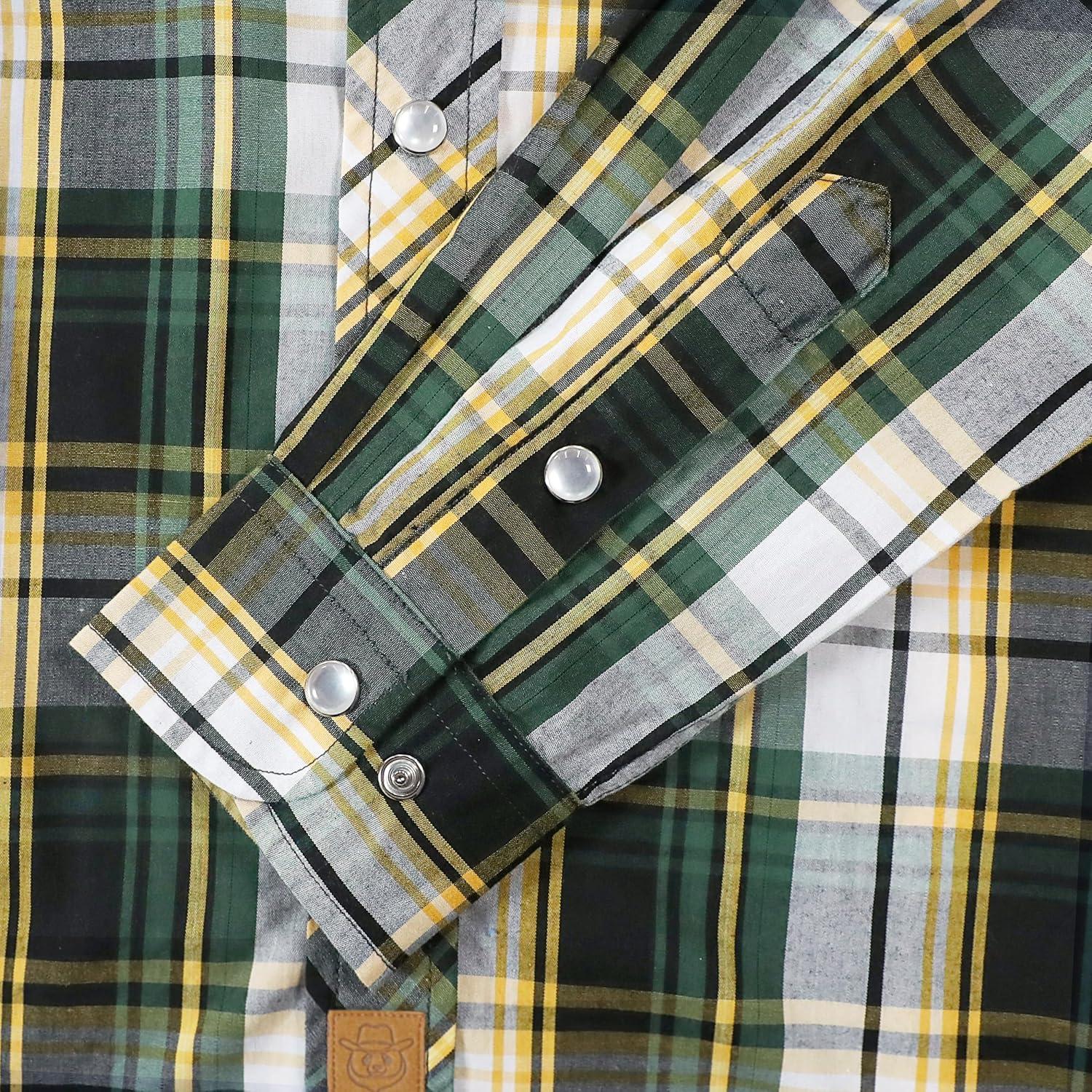 imageDubinik Pearl Snap Shirts for Men Long Sleeve Western Shirts for Men Vintage Casual Plaid Shirt Cowboy Shirts for MenYellow Dark Green