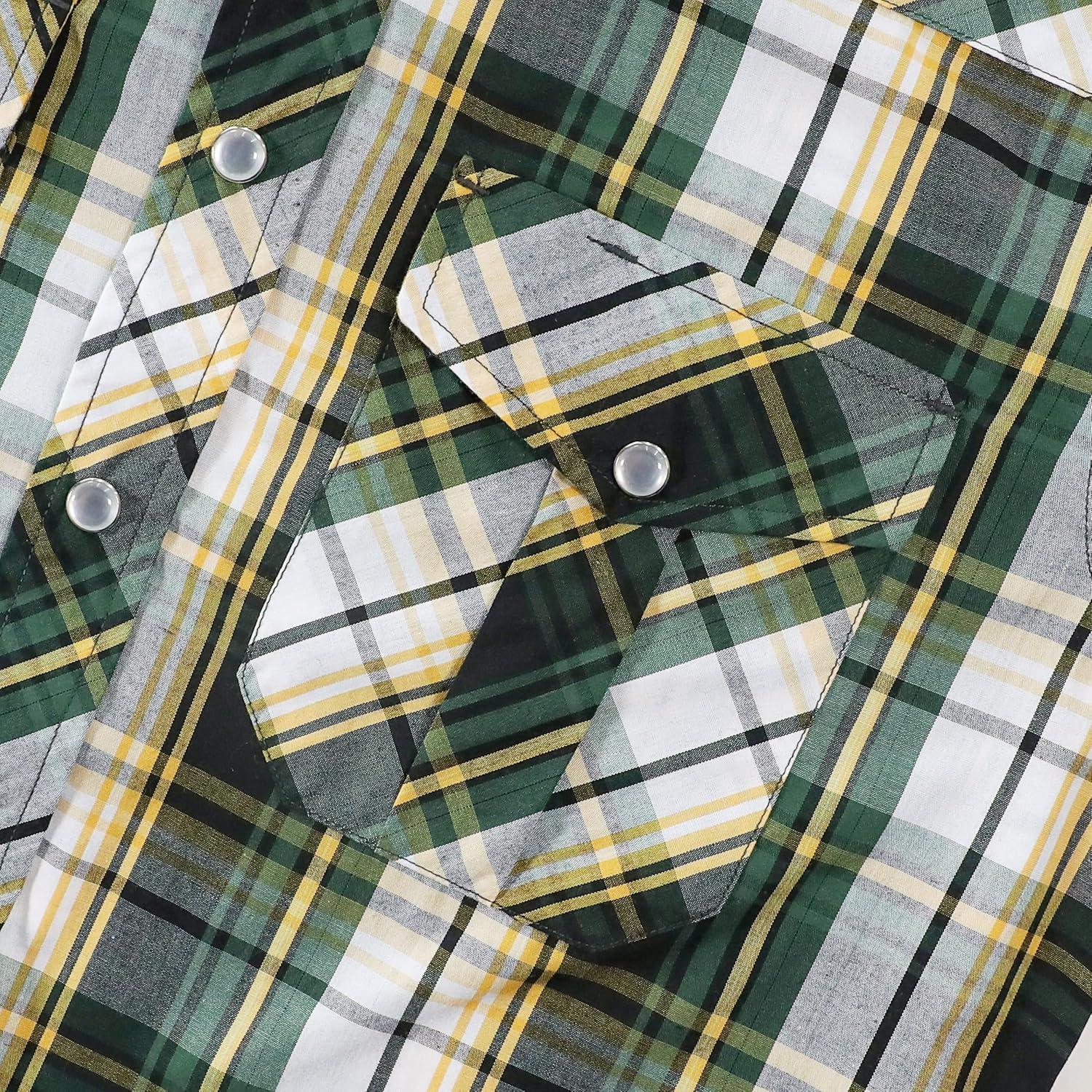 imageDubinik Pearl Snap Shirts for Men Long Sleeve Western Shirts for Men Vintage Casual Plaid Shirt Cowboy Shirts for MenYellow Dark Green