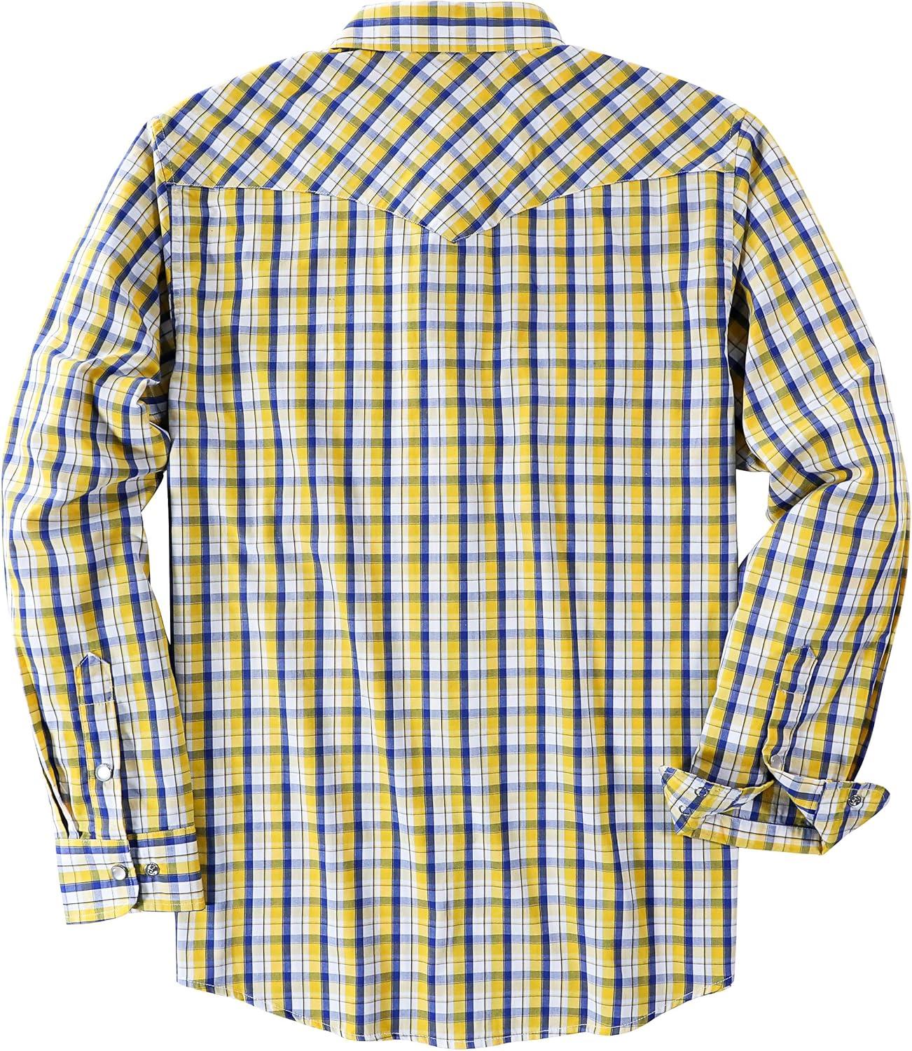 imageDubinik Pearl Snap Shirts for Men Long Sleeve Western Shirts for Men Vintage Casual Plaid Shirt Cowboy Shirts for MenYellow Lemon