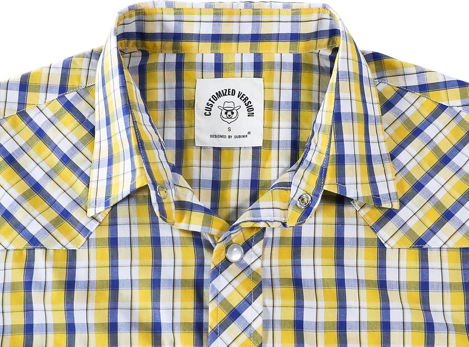 imageDubinik Pearl Snap Shirts for Men Long Sleeve Western Shirts for Men Vintage Casual Plaid Shirt Cowboy Shirts for MenYellow Lemon