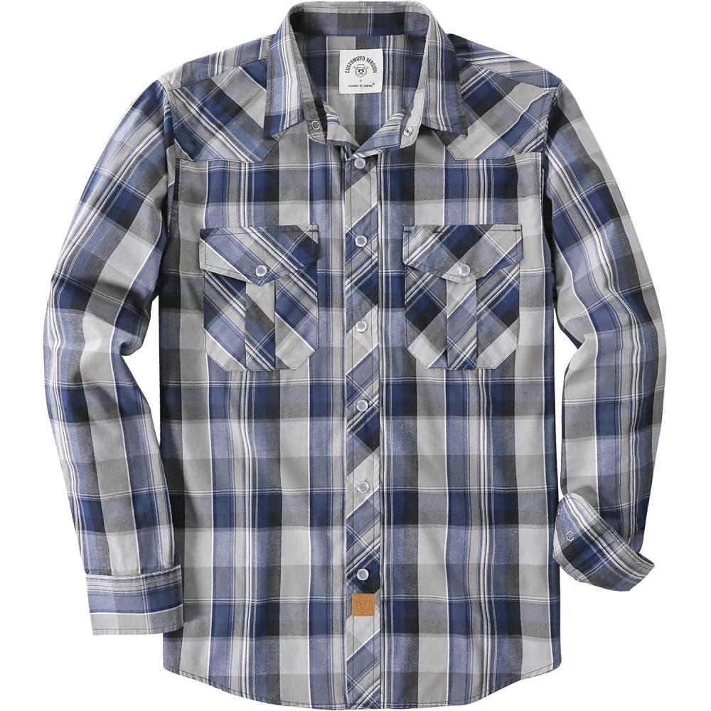 imageDubinik Pearl Snap Shirts for Men Long Sleeve Western Shirts for Men Vintage Casual Plaid Shirt Cowboy Shirts for MenBeige Blue