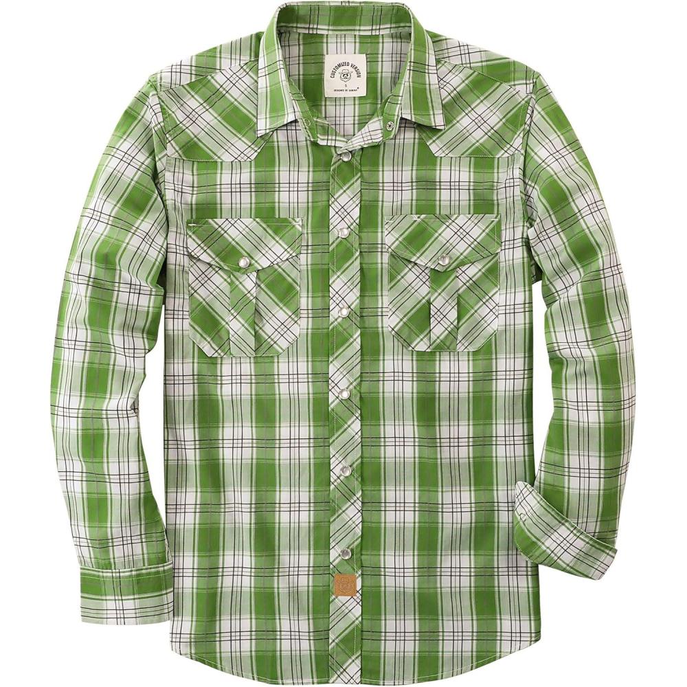 imageDubinik Pearl Snap Shirts for Men Long Sleeve Western Shirts for Men Vintage Casual Plaid Shirt Cowboy Shirts for MenBeige Green