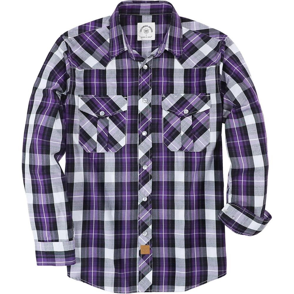 imageDubinik Pearl Snap Shirts for Men Long Sleeve Western Shirts for Men Vintage Casual Plaid Shirt Cowboy Shirts for MenBlack Purple