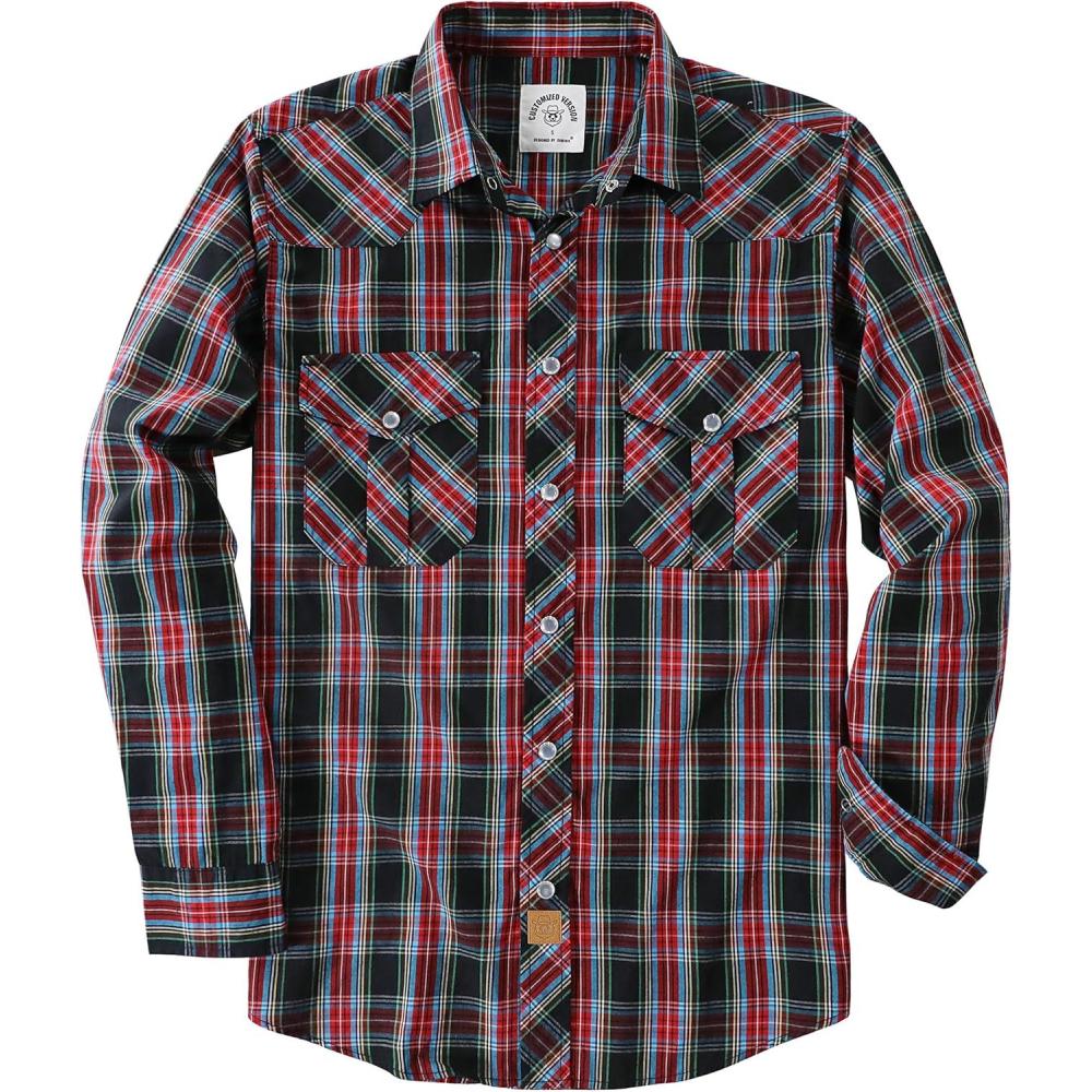 imageDubinik Pearl Snap Shirts for Men Long Sleeve Western Shirts for Men Vintage Casual Plaid Shirt Cowboy Shirts for MenBlack Red